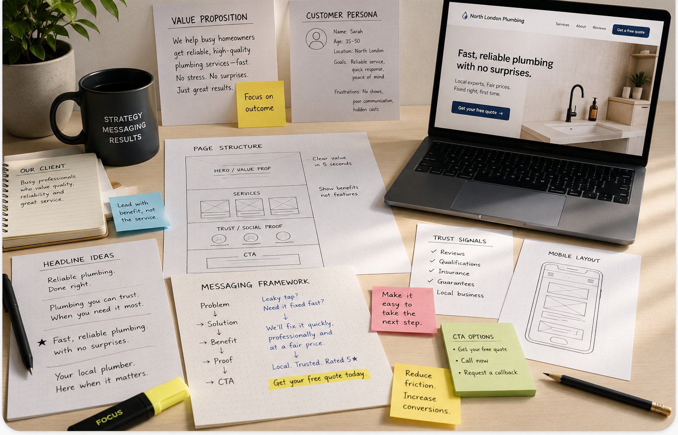 Sites That Convert strategy session — messaging framework, value proposition, customer persona, page structure sketches and website preview laid out on a desk