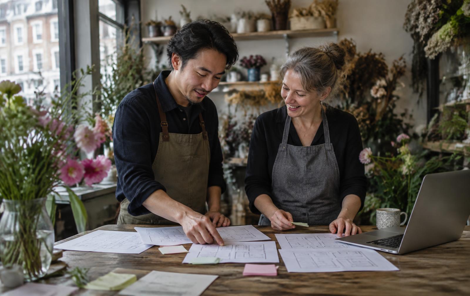 Two people arranging paper cards into a website page plan on a table