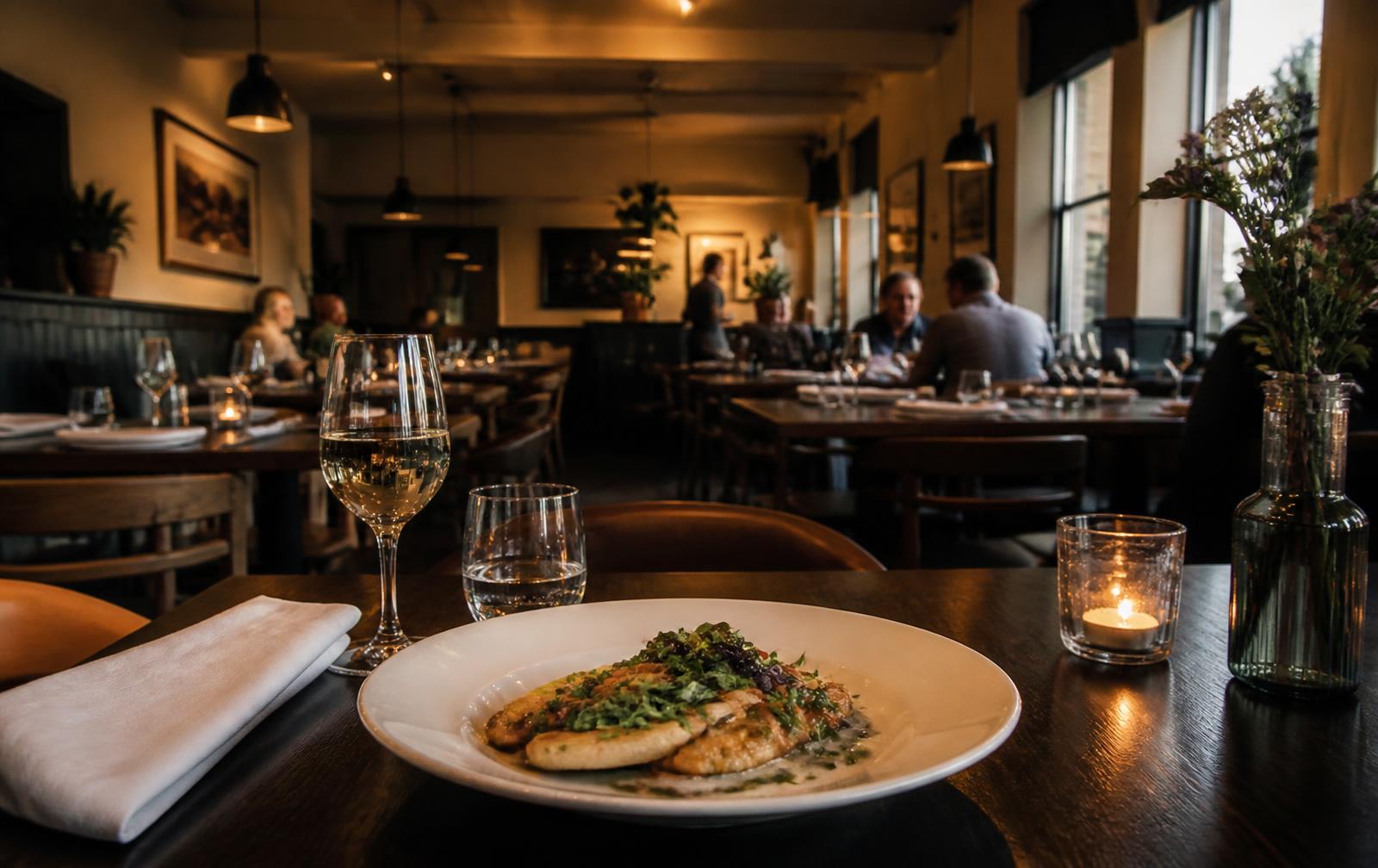 The warm interior of an independent UK restaurant at dusk, with a plated dish on a dark wood table