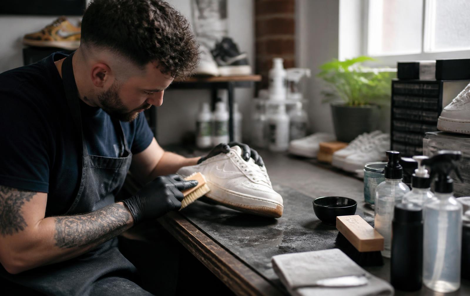 A craftsperson cleaning a white leather trainer at a workbench in a UK restoration workshop