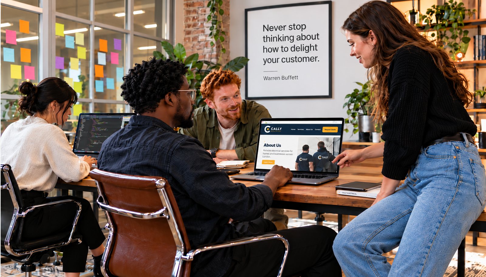 Four people gathered around a laptop in a studio office beneath a framed poster reading 'Never stop thinking about how to delight your customer.'