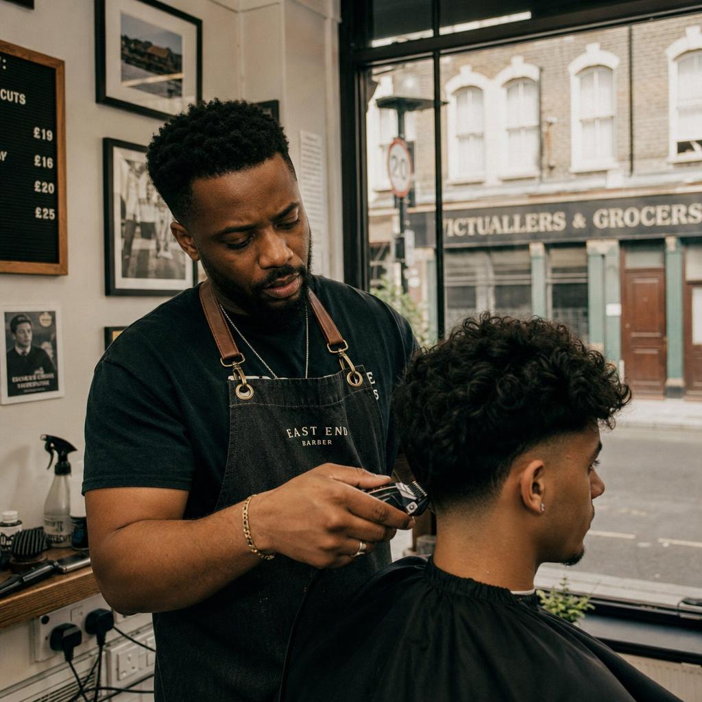 An independent UK barber mid-cut in a warmly-lit shop