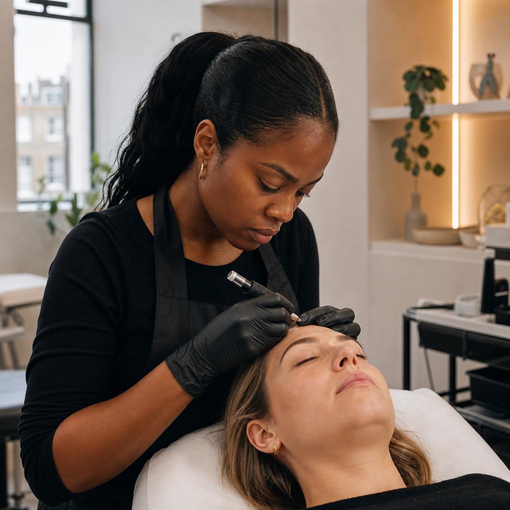A UK beauty therapist preparing treatments at a marble station