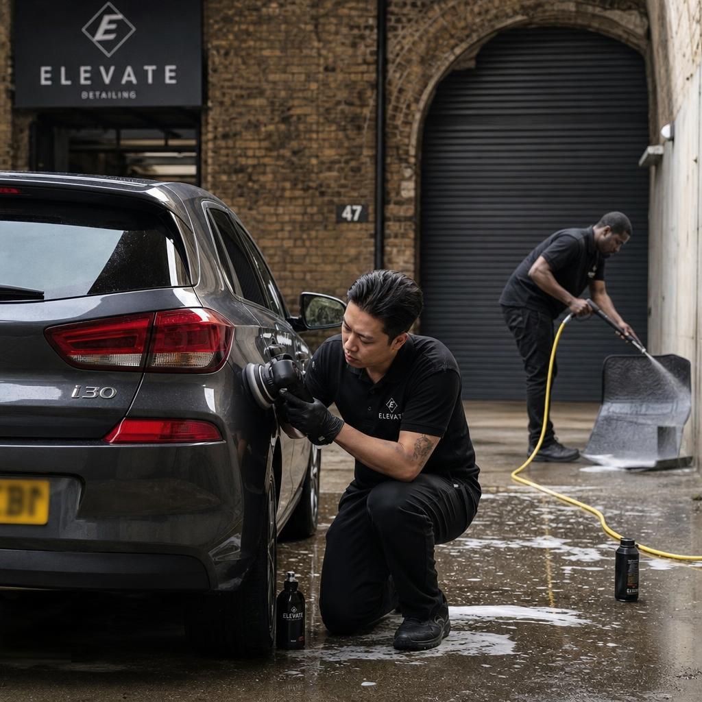 A UK car detailer polishing the bonnet of a classic car