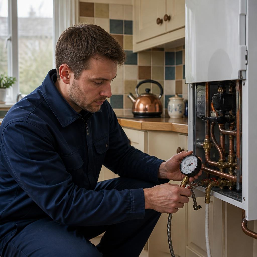 A UK gas engineer checking a pressure gauge in a home utility room