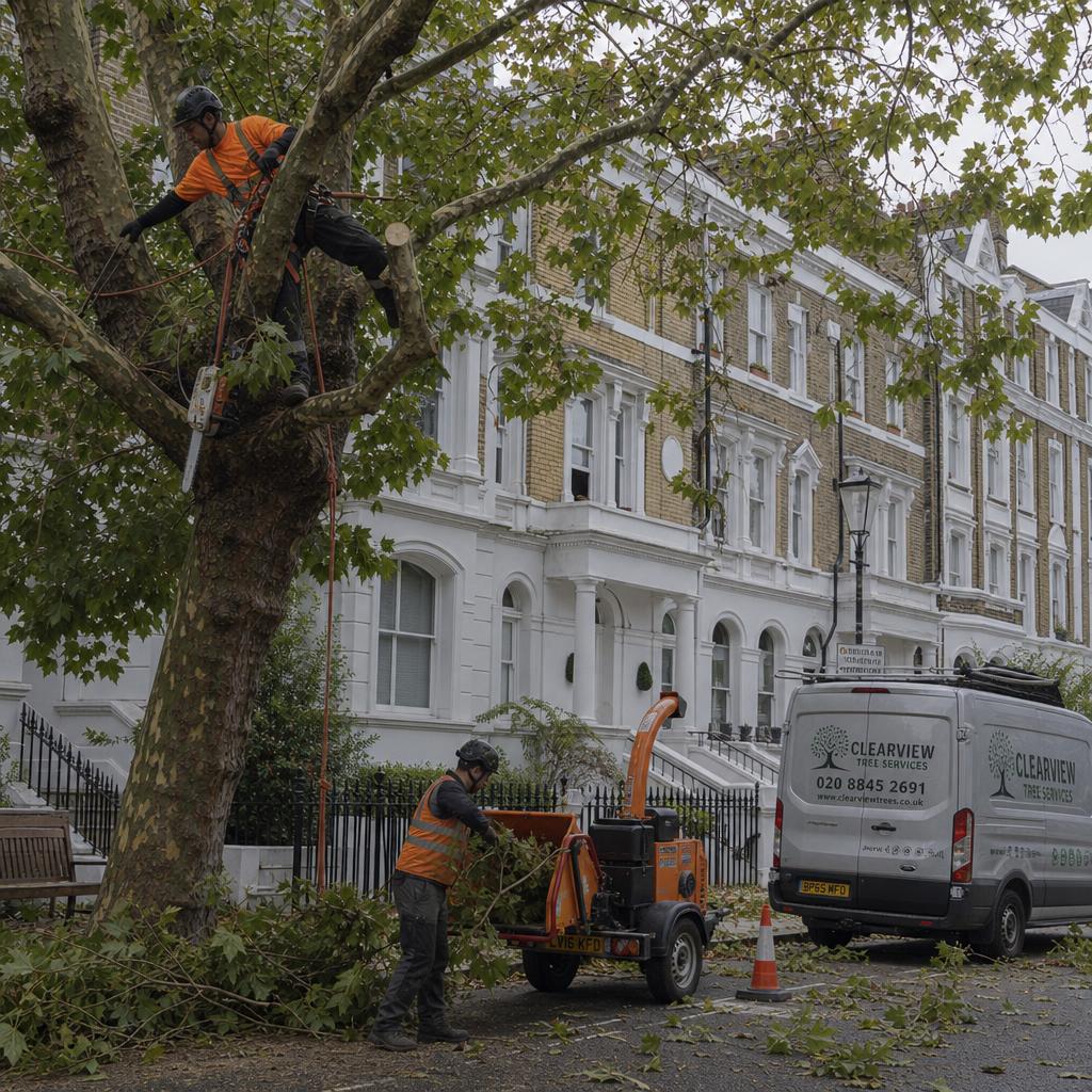 A UK tree surgeon working high in a mature oak tree