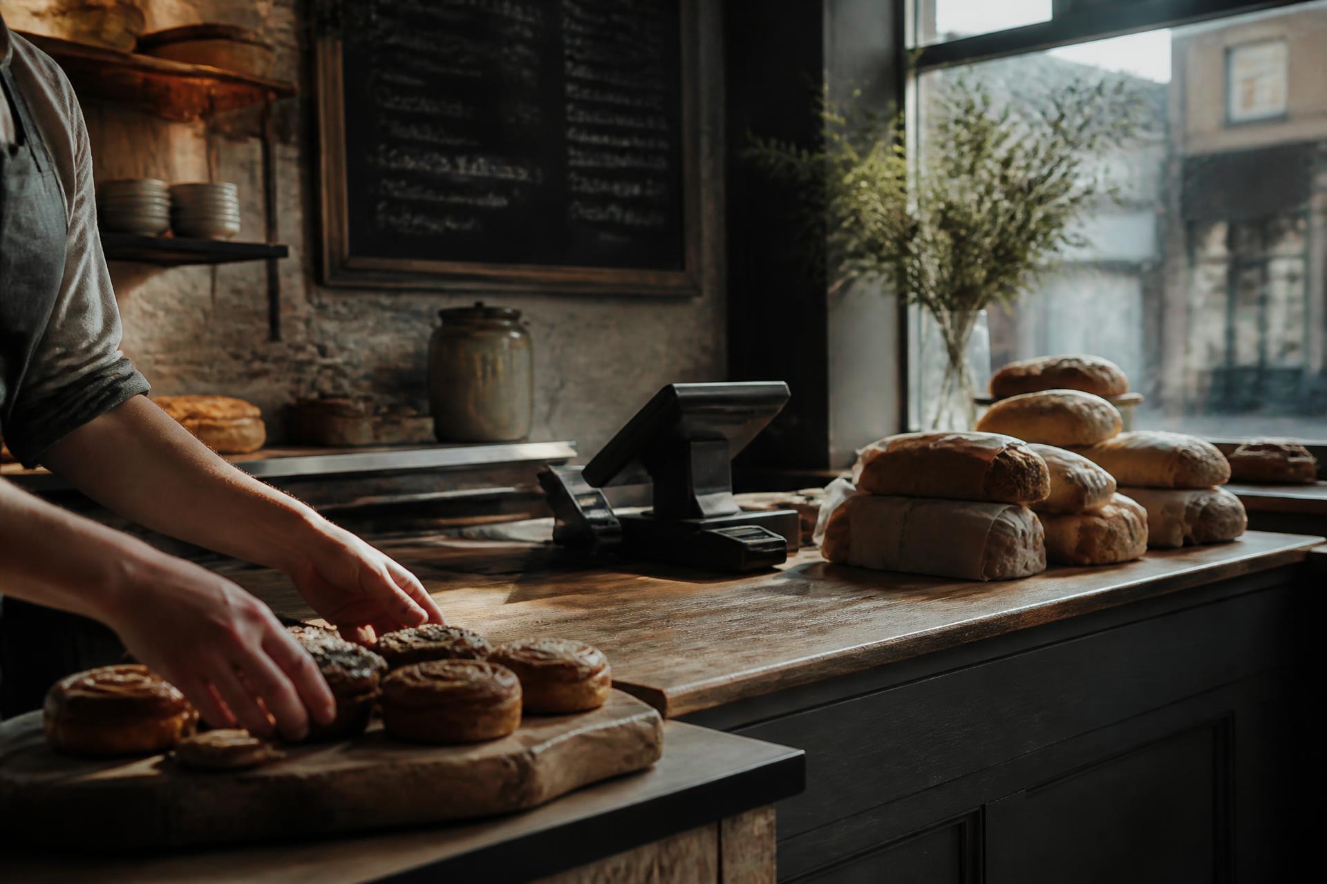 Interior of an independent UK bakery in soft morning light — a hand arranging pastries on a wooden board beside a chalkboard menu and a shopfront window.