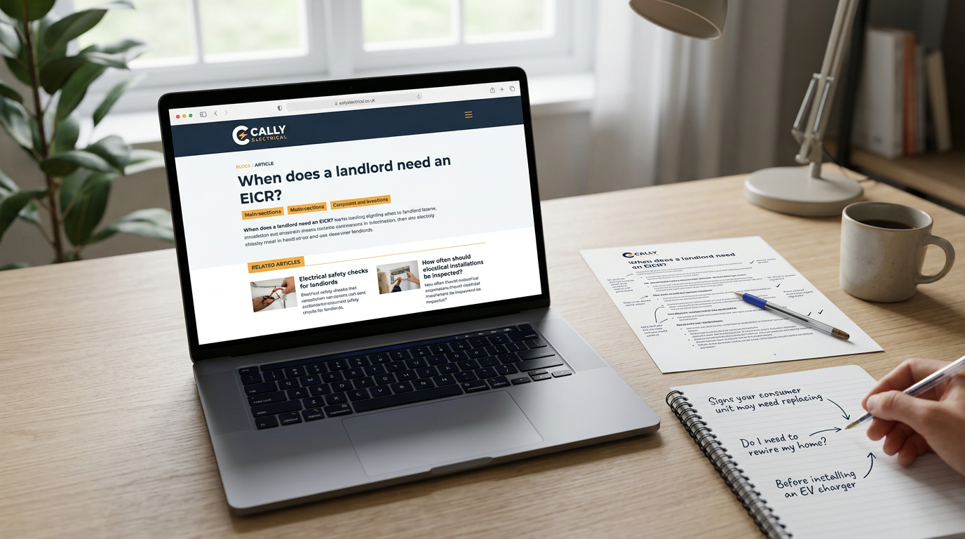 Business owner editing a web page beside a sketched page layout and notes